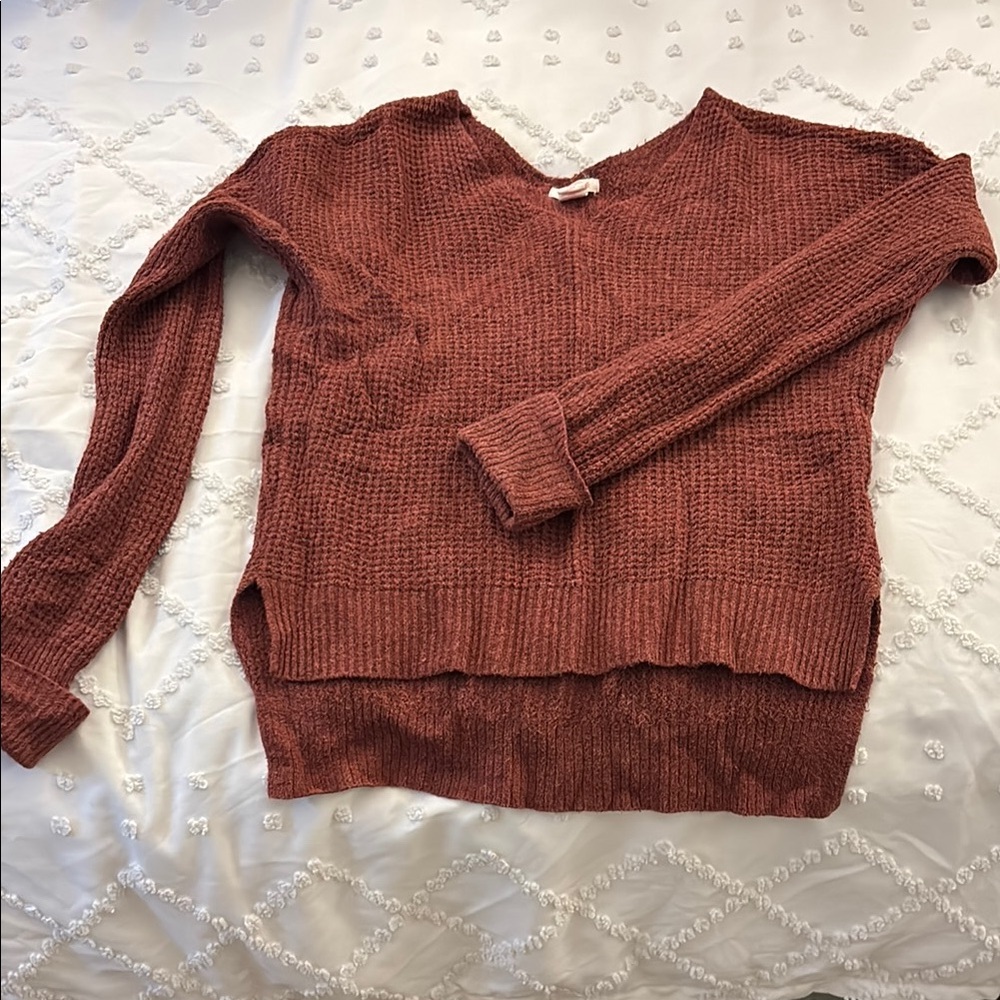 Brown V-Neck Sweater with Ribbed Texture